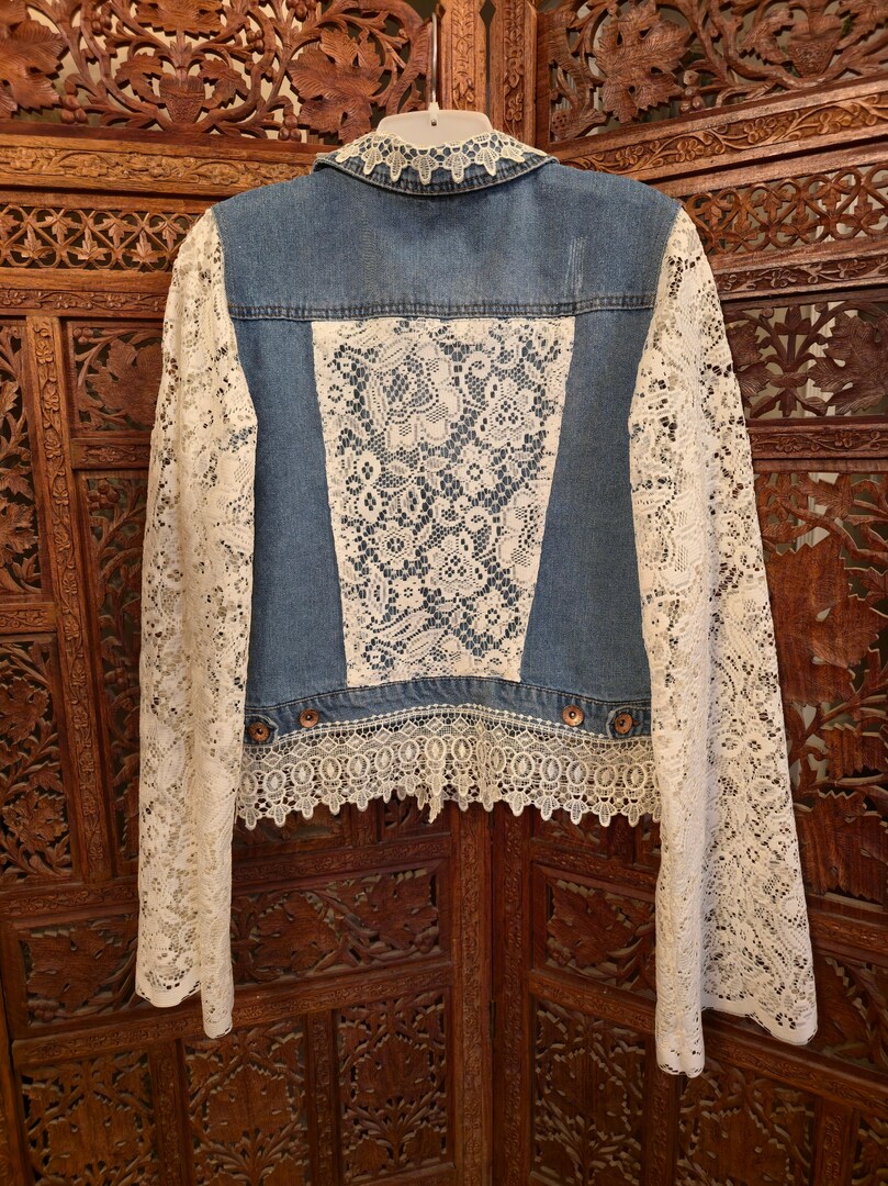lace dress denim jacket ebossy Women's See Through Floral Embroidery Lace Crop Denim Jacket Ripped Distressed Jean Jacket (X-Small, Blue) at Amazon Women's Coats Shop